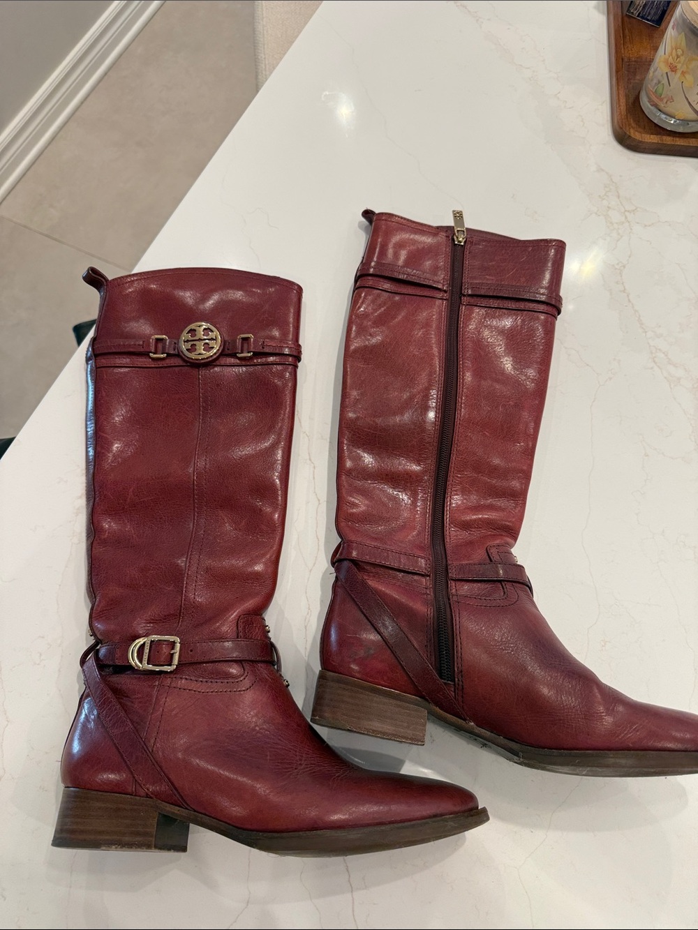 Tory Burch Burgundy Leather Mid-Calf Riding Boots